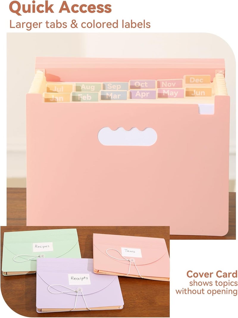 SortRax Accordion File Organizer 12 Pockets, Monthly Bill Receipt Tax Organizer, Expanding File Folders with Larger Bright Tabs, Fits Letter/A4 Size - Pink - Image 4